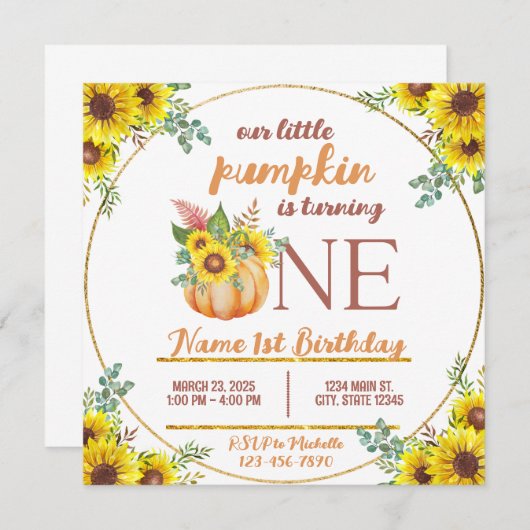 パンプキン秋ひまわりファースト誕生日 招待状 (正面/裏面)