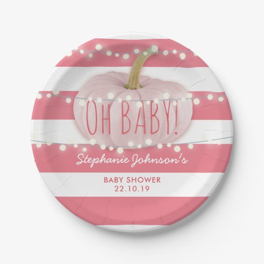パンプキン秋シックピンクガールベビーシャワー ペーパープレート (正面)