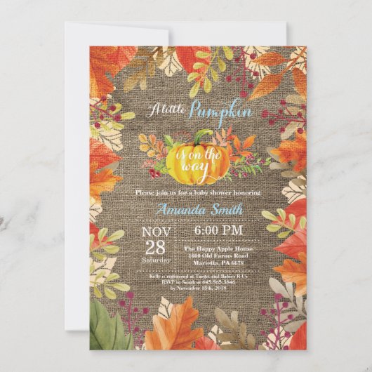 パンプキン秋バーラップボーイベビーシャワー招待状 招待状 (正面)