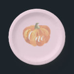 パンプキン秋ファーストバースデーパーティ紙プレート ペーパープレート<br><div class="desc">カボチャ秋第1誕生日パーティー紙プレート。ピンクの背景</div>