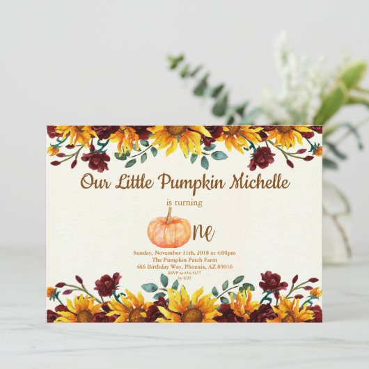 パンプキン秋ファーストヒマワールブルゴーニュ誕生日 招待状 (スタンド正面)