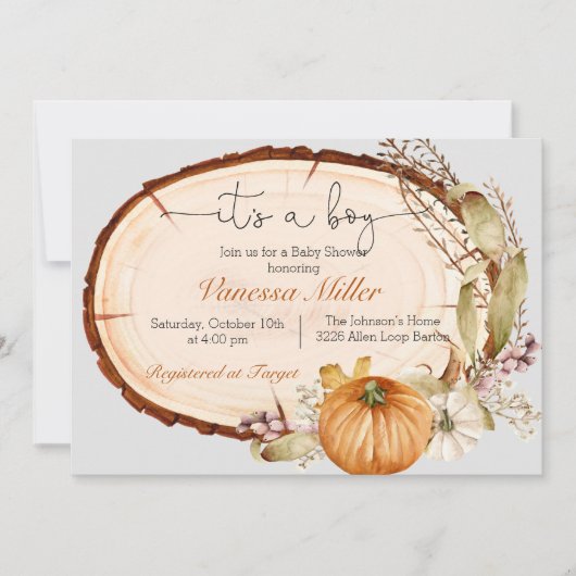 パンプキン秋ボーイベビーシャワー招待状 招待状 (正面)
