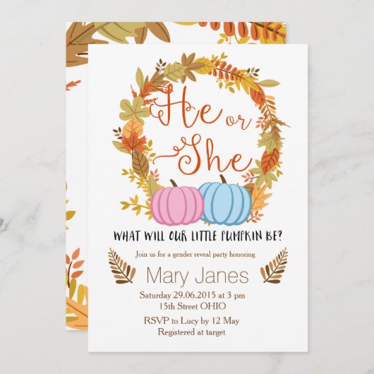 パンプキン秋性別の表示の招待 招待状 (正面/裏面)