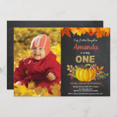 パンプキン秋第1誕生日金ゴールドシャルボード 招待状 (正面/裏面)