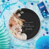 パンプキン秋花模様スクリプトハロウィンソイラーブラック ペーパープレート (パーティー)