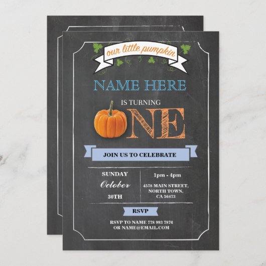 パンプキン第1ファーストワンバースデーパーティーチョーク招待状 招待状 (正面/裏面)