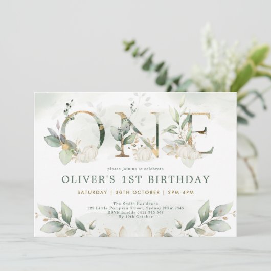 パンプキン第1誕生日秋緑金ゴールドパーティー 招待状 (スタンド正面)