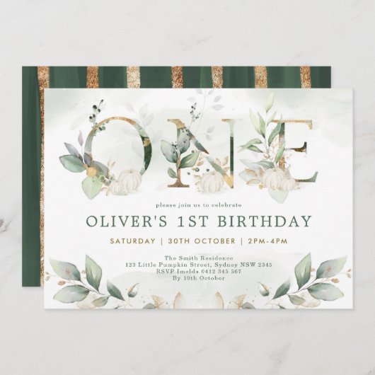 パンプキン第1誕生日秋緑金ゴールドパーティー 招待状 (正面/裏面)