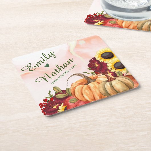 パンプキン紅葉ひまわり秋の結婚式パーティー スクエアペーパーコースター (アングル)