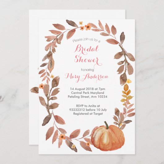 パンプキン素朴ス秋素朴ブライダルシャワー 招待状 (正面/裏面)