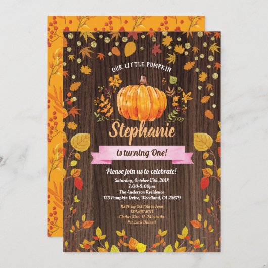 パンプキン誕生日の招待状。1素朴歳の誕生日 招待状 (正面/裏面)