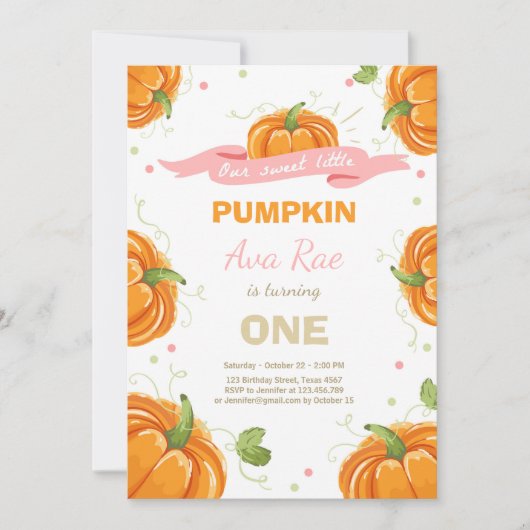 パンプキン誕生日招待ピンクファースト誕生日 招待状 (正面)