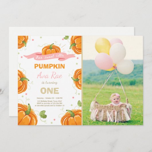 パンプキン誕生日招待ピンクファースト誕生日 招待状 (正面/裏面)