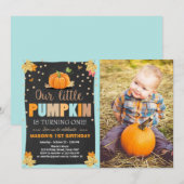 パンプキン誕生日招待ボーイ誕生日秋ブルー 招待状 (正面/裏面)