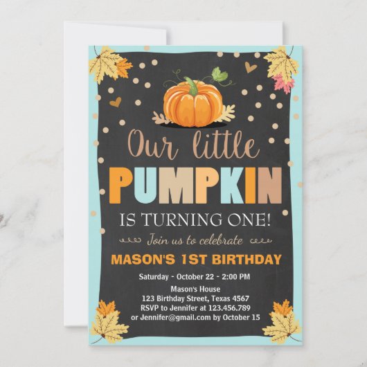 パンプキン誕生日招待ボーイ誕生日秋ブルー 招待状 (正面)