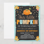 パンプキン誕生日招待ボーイ誕生日秋ブルー 招待状 (正面/裏面)