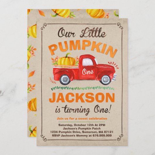 パンプキン誕生日招待状パンプキントラックパーティー 招待状 (正面/裏面)