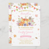 パンプキン誕生日招待状ピンク&金ゴールド秋パーティー 招待状 (正面/裏面)