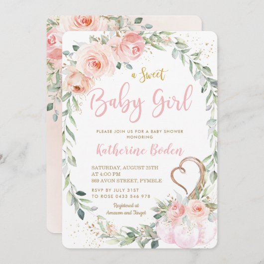 パンプキン赤面ピンクフローラリースガールベイビーシャワー 招待状 (正面/裏面)