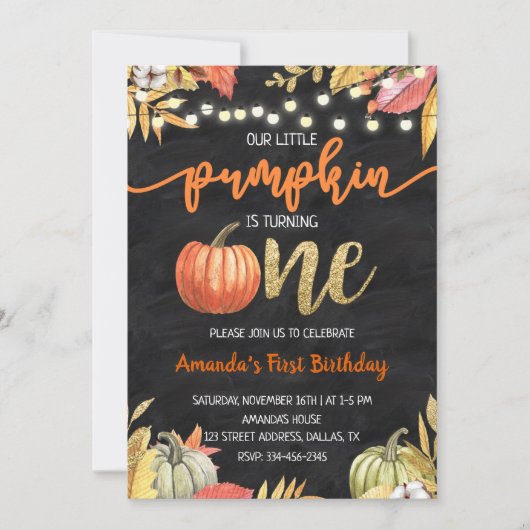 パンプキン金ゴールド秋シャルボードファースト誕生日 招待状 (正面)