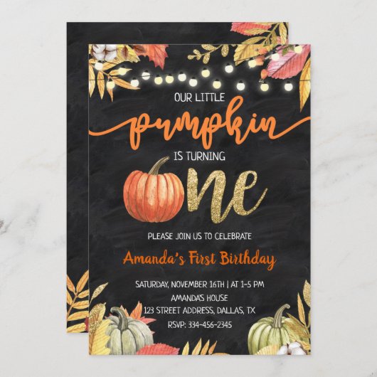 パンプキン金ゴールド秋シャルボードファースト誕生日 招待状 (正面/裏面)
