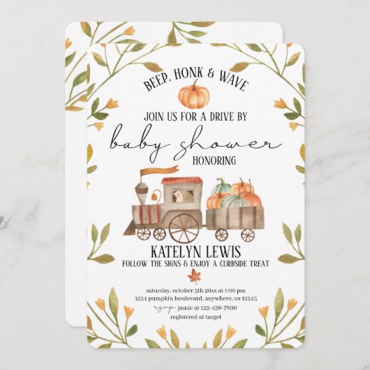 パンプキン電車ベイビーシャワー招待状(ドライブバイ) 招待状 (正面/裏面)