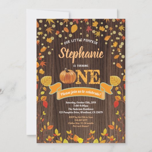 パンプキン1歳の誕生日の招待状。素朴木材 招待状 (正面)