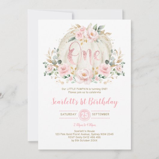 パンプキン1stバースデー赤面ピンクフローラバラ金ゴールド 招待状 (正面)