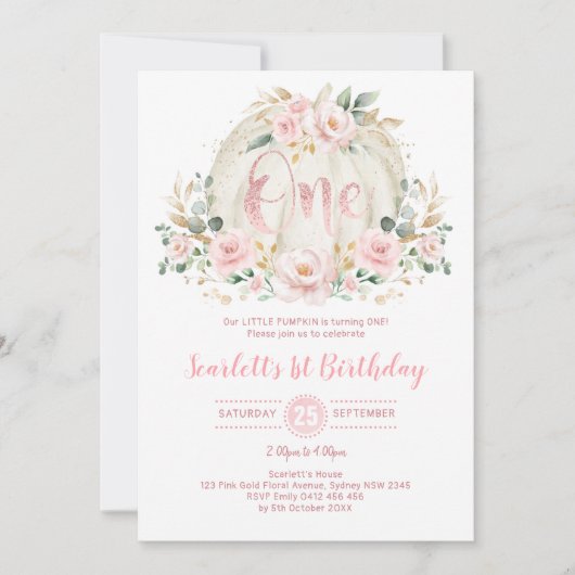 パンプキン1stバースデー赤面ピンクフローラバラ金ゴールド 招待状 (正面)