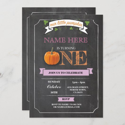 パンプキン1st最初の1つの誕生日パーティーチョーク招待状 招待状 (正面/裏面)