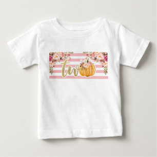 パンプキン2歳の誕生日シャストライプツ-フローラ ベビーTシャツ