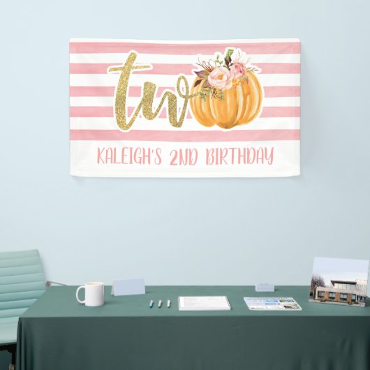 パンプキン2ndバースデーバナー-ガールピンクストライプ 横断幕 (トレードショー)