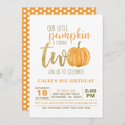 パンプキン2NDバースデー招待状 – オレンジドット 招待状 (正面/裏面)