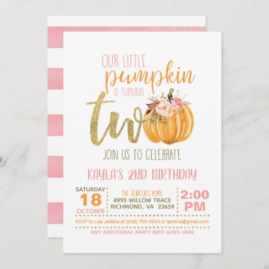 パンプキン2nd誕生日招待状 – ピンクストライプ色 招待状 (正面/裏面)