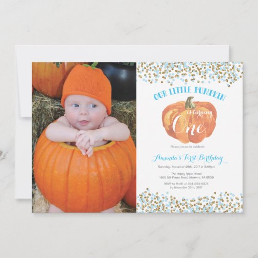 パンプキン ファーストバースデー 招待状 ブルーとゴールド (正面)
