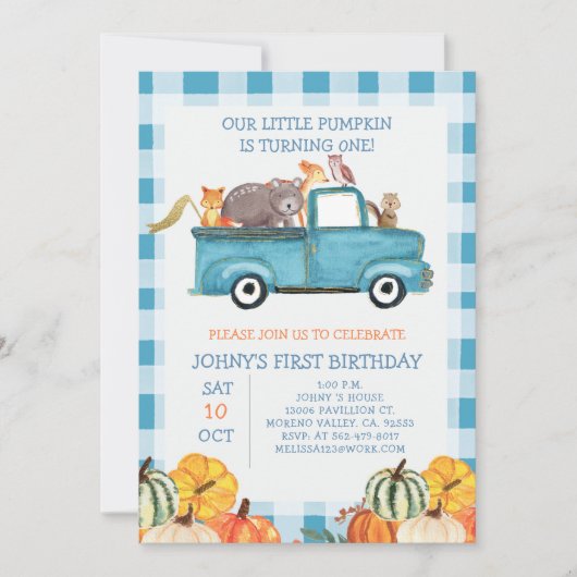 パンプキン·ブルー·トラックの動物たち1歳の誕生日 招待状 (正面)