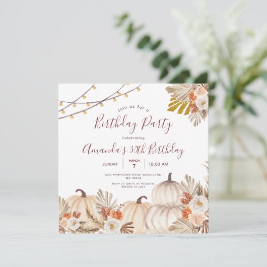 パンプキン 30歳誕生日パーティー ボヘミアンパンパスグラス 招待状 (スタンド正面)