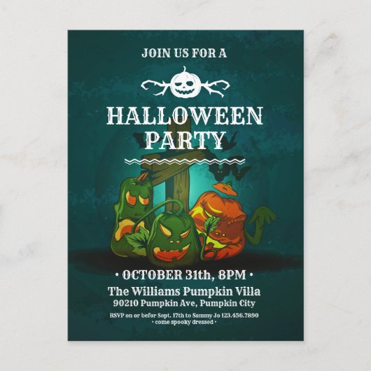 パンプキ不気味ンこうもりハローウィンパーティ招待状 ポストカード (正面)