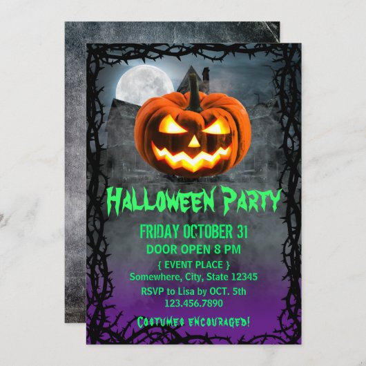 パンプキ不気味ンハ幽霊のよく出るウスハローウィンパーティ 招待状 (正面/裏面)