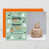 パンプキ不気味ン子供ハロウィーン1歳の誕生日パーティーt 招待状 (正面/裏面)