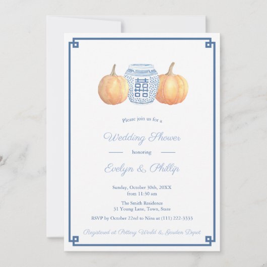 パンプキ名門私立校風のンネイビーバーニバーンドオレンジウェディングシャワー 招待状 (正面)