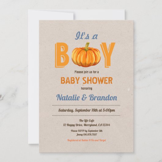 パンプキ素朴ンそれは男の子のシャワーの招待状だ 招待状 (正面)