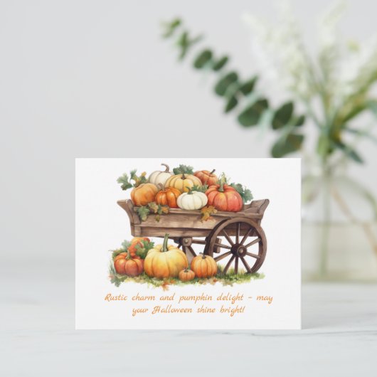パンプキ素朴ンスの手押し車の秋のハロウィーン シーズンポストカード (スタンド正面)