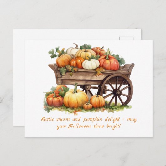 パンプキ素朴ンスの手押し車の秋のハロウィーン シーズンポストカード (正面/裏面)