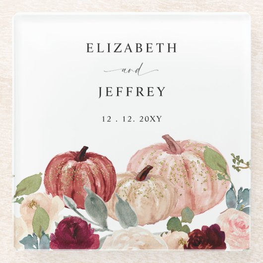 パンプキ素朴ンスモダンカントリー秋の結婚式 ガラスコースター (正面)