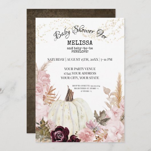 パンプキ素朴ンパの芝生の葉の赤ちゃんシャワー 招待状 (正面/裏面)