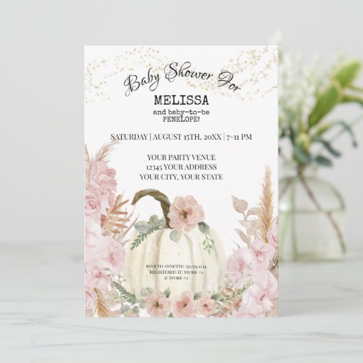 パンプキ素朴ンパンパスグラスピンクガール赤ちゃんシャワー 招待状 (スタンド正面)