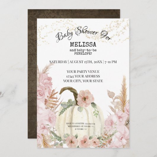 パンプキ素朴ンパンパスグラスピンクガール赤ちゃんシャワー 招待状 (正面/裏面)