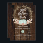 パンプキ素朴ンパンパリース80th誕生日パーティーI 招待状<br><div class="desc">ダークな木の背景に"80thバースデーパーティー"のデザインとテラスのピンクアジサイフローラとパンパと他の乾燥した草のリース飾り付き乾燥した赤面とカボチャの国のシック、ミント緑のカボチャフェイク。この素朴な木の複合デザインbyホリデーハートデザイン（権利留保）。</div>