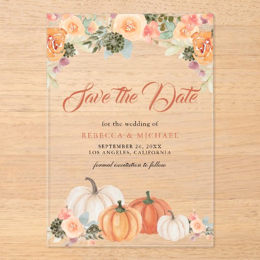 パンプキ素朴ンフローラ結婚式の日付を保存 アクリル招待状 (正面)